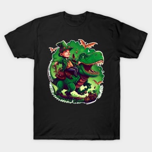 Funny Leprechaun Riding T-rex T-Shirt